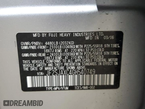 2016 Subaru Forester Touring с VIN JF2SJAXC4GH540749, выставлен на аукционе Copart как лот 61806425 с пробегом 101 916 миль миль и Списание • Salvage title. История ставок и продаж доступна на DreamBid. Изображение 14.
