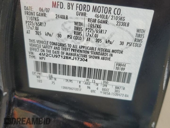 2008 Mercury Mariner Premier with VIN 4M2CU97128KJ17304, listed as a Copart auction lot 55965555 with 134,473 mi miles and Salvage title. Bid and sale history available at DreamBid. Image 13.