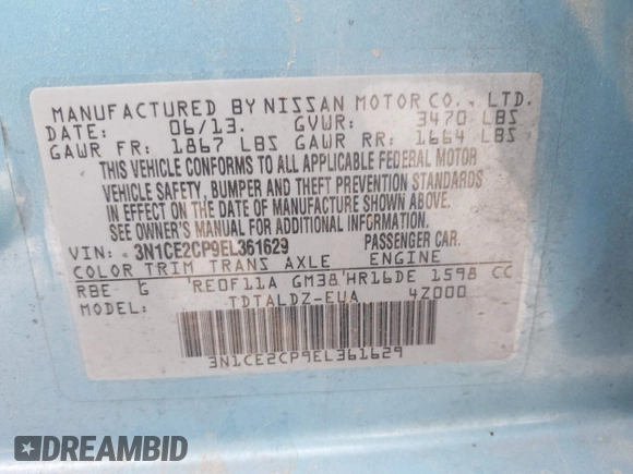 2014 Nissan Note SV with VIN 3N1CE2CP9EL361629, listed as a IAAI auction lot 41804210 with 198,492 mi miles and . Bid and sale history available at DreamBid. Image 9.