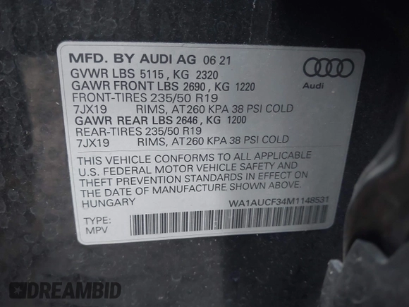 2021 Audi Q3 Premium with VIN WA1AUCF34M1148531, listed as a IAAI auction lot 41815286 with 31,934 mi miles and . Bid and sale history available at DreamBid. Image 9.