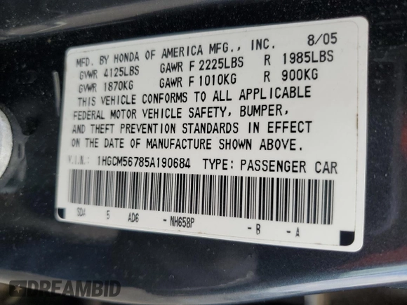 2005 Honda Accord EX z VIN 1HGCM56785A190684, wystawiony jako Copart lot #57291925 z przebiegiem 147 091 mil mil oraz Tytuł czysty. Historia ofert i sprzedaży dostępna na DreamBid. Obrazek 12.
