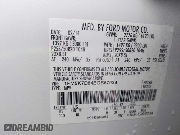 2014 Ford Explorer XLT with VIN 1FM5K7D84EGB67934, listed as a IAAI auction lot 42424640 with 174,131 mi miles and . Bid and sale history available at DreamBid. Image 9.
