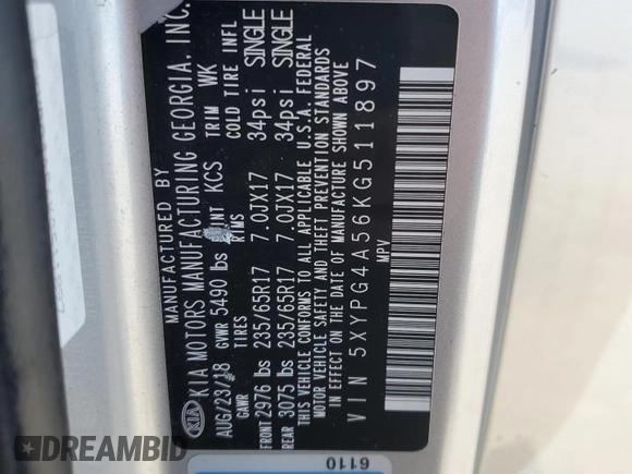 2019 Kia Sorento S V6 with VIN 5XYPG4A56KG511897, listed as a Copart auction lot 89234385 with 179,877 mi miles and Salvage Title. Bid and sale history available at carsss.com. Image 13.