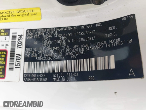 2014 Toyota Sienna LE AAS with VIN 5TDKK3DC6ES526159, listed as a IAAI auction lot 41522210 with 123,563 mi miles and . Bid and sale history available at DreamBid. Image 9.