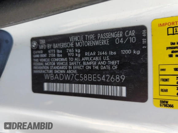 2011 BMW 3 Series 328i with VIN WBADW7C58BE542689, listed as a Copart auction lot 46525405 with Not provided miles and Salvage title. Bid and sale history available at DreamBid. Image 14.