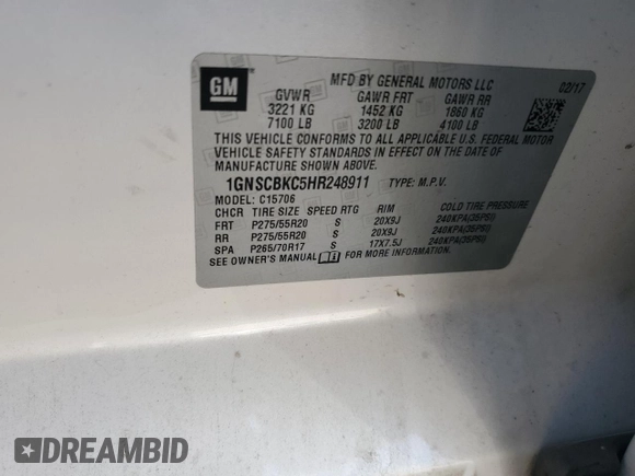 2017 Chevrolet Tahoe LT with VIN 1GNSCBKC5HR248911, listed as a Copart auction lot 62055155 with 160,752 mi miles and Salvage title. Bid and sale history available at DreamBid. Image 14.