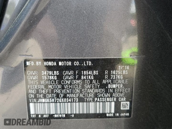 2016 Honda Fit EX with VIN JHMGK5H72GX034173, listed as a Copart auction lot 51821675 with 118,914 mi miles and Salvage Title. Bid and sale history available at DreamBid. Image 14.