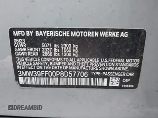 2023 BMW 3 Series 330e with VIN 3MW39FF00P8D57706, listed as a IAAI auction lot 41560259 with 1 mi miles. Bid and sale history available at carsss.com. Image 9.