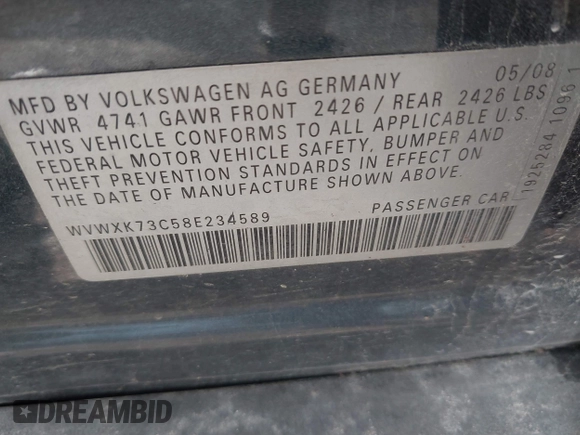 2008 Volkswagen Passat Komfort with VIN WVWXK73C58E234589, listed as a IAAI auction lot 42534711 with 156,519 mi miles and . Bid and sale history available at DreamBid. Image 9.