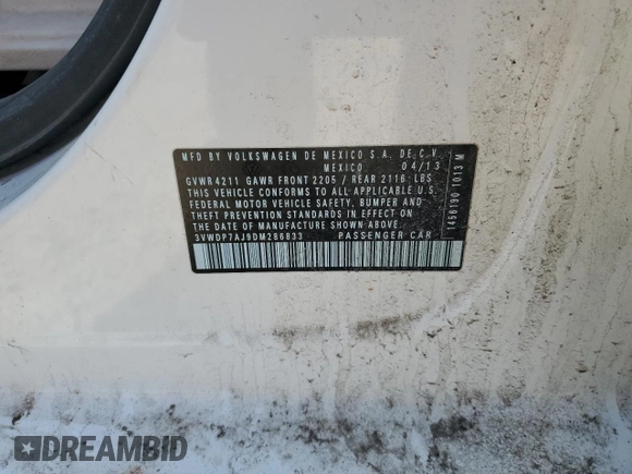 2013 Volkswagen Jetta SE с VIN 3VWDP7AJ9DM286833, выставлен на аукционе Copart как лот 48460615 с пробегом 132 035 миль миль и Списание • Salvage title. История ставок и продаж доступна на DreamBid. Изображение 12.