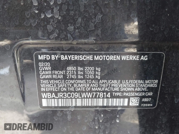 2020 BMW 5 Series 530i with VIN WBAJR3C09LWW77814, listed as a IAAI auction lot 41536058 with 69,504 mi miles and . Bid and sale history available at DreamBid. Image 9.