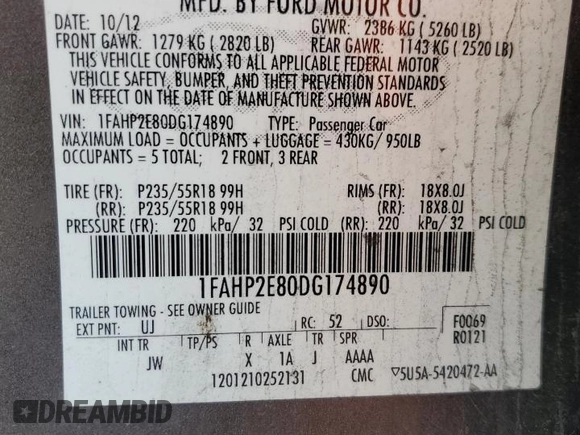 2013 Ford Taurus SEL with VIN 1FAHP2E80DG174890, listed as a Copart auction lot 49240435 with 156,455 mi miles and Salvage Title. Bid and sale history available at carsss.com. Image 13.