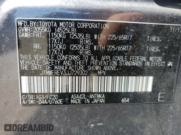 2018 Toyota RAV4 XLE with VIN JTMWFREV3JJ729302, listed as a Copart auction lot 49823765 with 100,576 mi miles and Salvage Title. Bid and sale history available at DreamBid. Image 14.