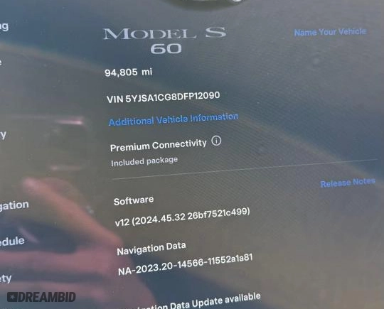 2013 Tesla Model S with VIN 5YJSA1CG8DFP12090, listed as a Copart auction lot 87286844 with 94,810 mi miles and Clean Title. Bid and sale history available at carsss.com. Image 8.
