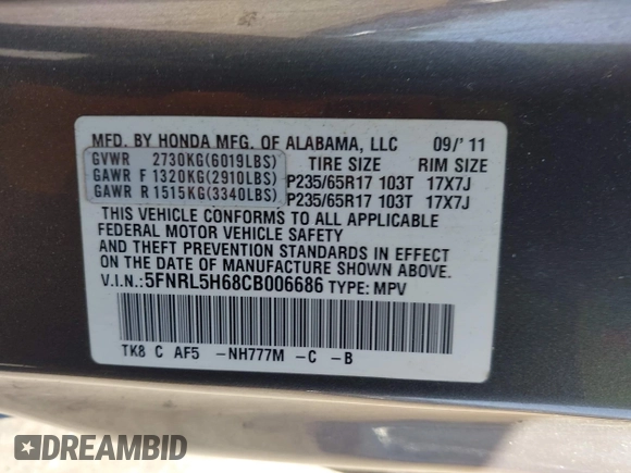 2012 Honda Odyssey EX-L with VIN 5FNRL5H68CB006686, listed as a IAAI auction lot 42039035 with 338,331 mi miles and . Bid and sale history available at carsss.com. Image 9.