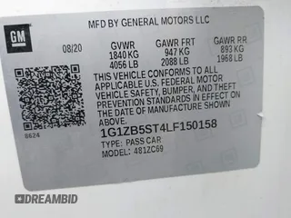2020 Chevrolet Malibu LS with VIN 1G1ZB5ST4LF150158, listed as a IAAI auction lot 41174386 with 46,979 mi miles and . Bid and sale history available at DreamBid. Image 9.