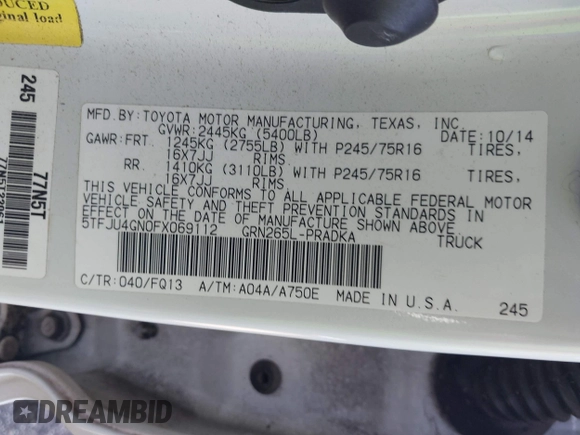 2015 Toyota Tacoma PreRunner with VIN 5TFJU4GN0FX069112, listed as a IAAI auction lot 41998443 with 49,593 mi miles and . Bid and sale history available at DreamBid. Image 9.