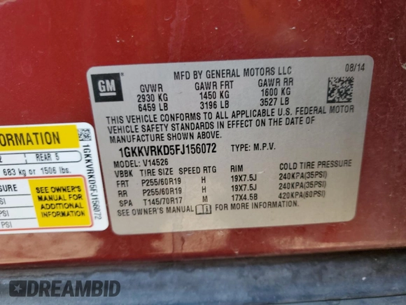 2015 GMC Acadia SLT with VIN 1GKKVRKD5FJ156072, listed as a Copart auction lot 48763645 with 154,146 mi miles and Salvage Title. Bid and sale history available at DreamBid. Image 13.