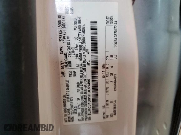 2017 Lincoln MKC Premiere z VIN 5LMCJ1D91HUL51490, wystawiony jako Copart lot #58367225 z przebiegiem 94 861 mil mil oraz Szkoda całkowita • Salvage title. Historia ofert i sprzedaży dostępna na DreamBid. Obrazek 13.