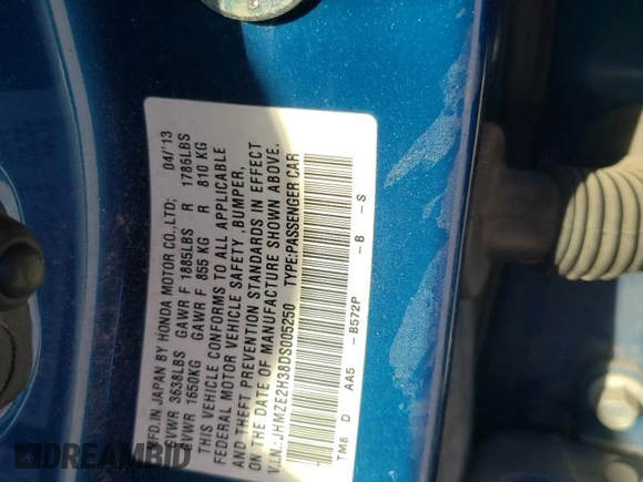 2013 Honda Insight z VIN JHMZE2H38DS005250, wystawiony jako Copart lot #46902625 z przebiegiem Nie podano mil oraz Czysty tytuł • Clean title. Historia ofert i sprzedaży dostępna na DreamBid. Obrazek 12.
