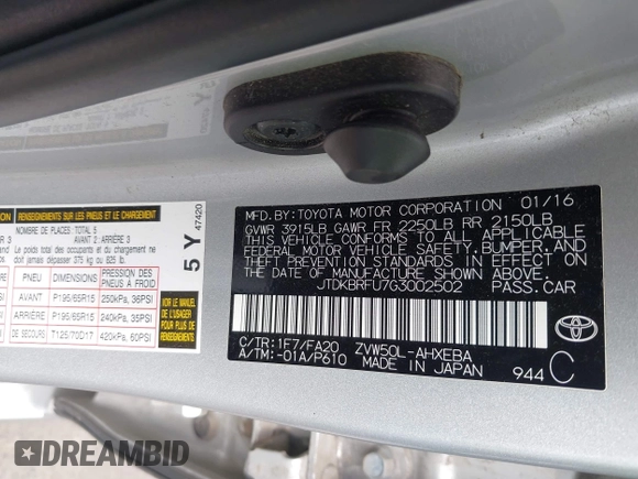 2016 Toyota Prius Two z VIN JTDKBRFU7G3002502, wystawiony jako IAAI lot #42241469 z przebiegiem 120 049 mil mil oraz . Historia ofert i sprzedaży dostępna na DreamBid. Obrazek 9.