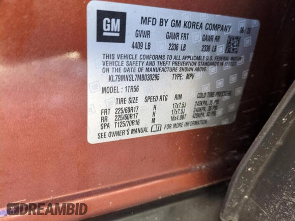 2021 Chevrolet TrailBlazer LS with VIN KL79MNSL7MB030295, listed as a Copart auction lot 44916375 with 0 mi miles and Salvage Title. Bid and sale history available at carsss.com. Image 12.