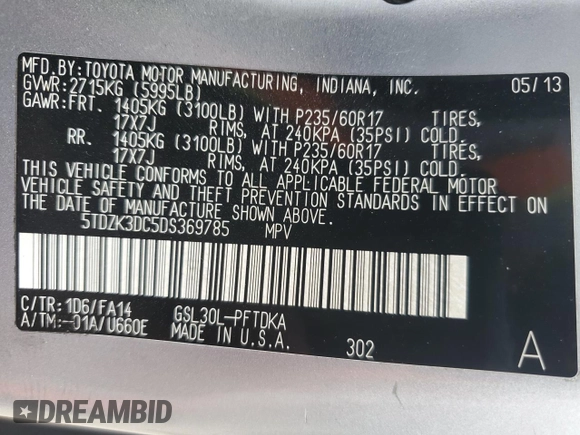 2013 Toyota Sienna L with VIN 5TDZK3DC5DS369785, listed as a Copart auction lot 79842584 with 178,788 mi miles and Salvage Title. Bid and sale history available at carsss.com. Image 13.