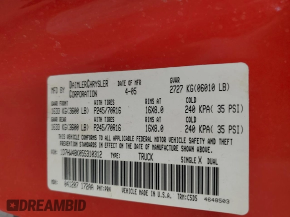 2005 Dodge Dakota SLT z VIN 1D7HW48K05S310312, wystawiony jako Copart lot #88061125 z przebiegiem 208 806 mil mil oraz Nie do naprawy • Non repairable. Historia ofert i sprzedaży dostępna na DreamBid. Obrazek 12.