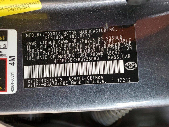 2011 Toyota Camry LE with VIN 4T1BF3EK7BU225090, listed as a Copart auction lot 51767425 with 59,223 mi miles and Salvage Title. Bid and sale history available at DreamBid. Image 12.