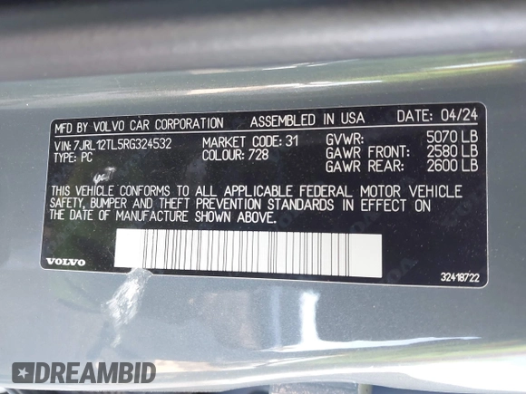 2024 Volvo S60 Plus Dark Theme with VIN 7JRL12TL5RG324532, listed as a IAAI auction lot 42004470 with Not provided miles and . Bid and sale history available at DreamBid. Image 9.
