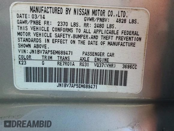 2014 Infiniti Q50 Sport with VIN JN1BV7AP5EM689471, listed as a Copart auction lot 49716815 with 110,461 mi miles and Salvage Title. Bid and sale history available at DreamBid. Image 12.