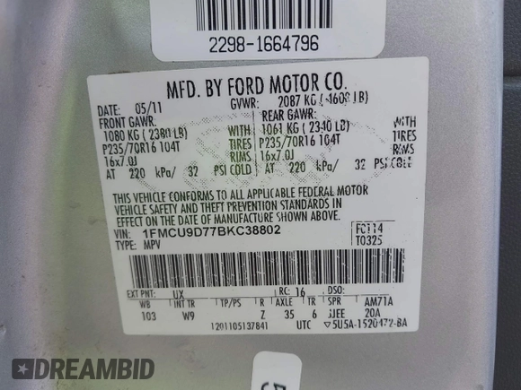 2011 Ford Escape XLT с VIN 1FMCU9D77BKC38802, выставлен на аукционе IAAI как лот 42012798 с пробегом 249 489 миль миль и . История ставок и продаж доступна на DreamBid. Изображение 9.