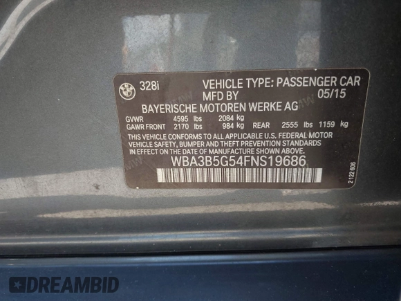 2015 BMW 3 Series 328i xDrive with VIN WBA3B5G54FNS19686, listed as a IAAI auction lot 41431980 with 74,613 mi miles and . Bid and sale history available at DreamBid. Image 9.