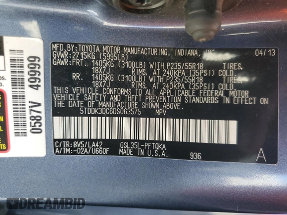 2013 Toyota Sienna XLE с VIN 5TDDK3DC6DS063575, выставлен на аукционе Copart как лот 52725185 с пробегом 125 707 миль миль и Списание • Salvage title. История ставок и продаж доступна на DreamBid. Изображение 13.