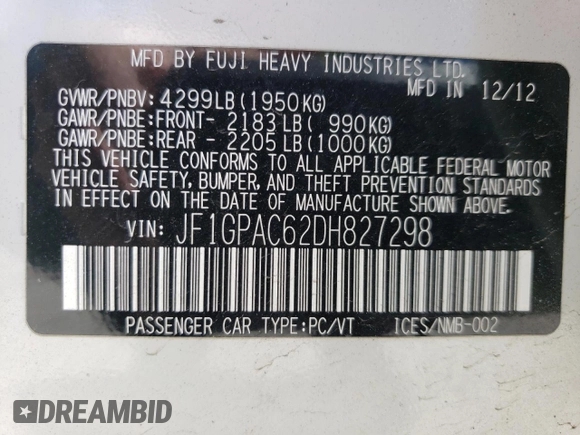 2013 Subaru Impreza Premium с VIN JF1GPAC62DH827298, выставлен на аукционе Copart как лот 56250075 с пробегом 91 192 миль миль и На запчасти • Non repairable. История ставок и продаж доступна на DreamBid. Изображение 12.