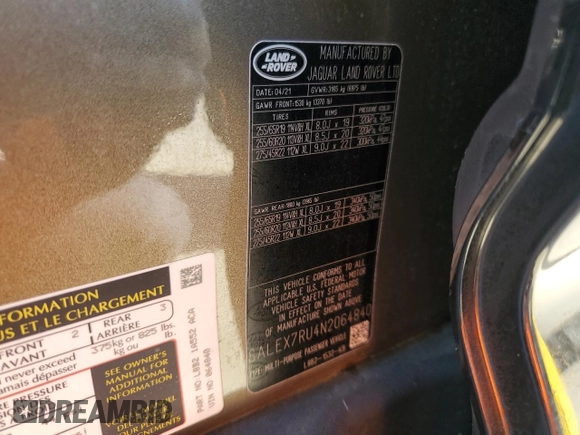 2022 Land Rover Defender with VIN SALEX7RU4N2064840, listed as a Copart auction lot 47654755 with 20,633 mi miles and Salvage title. Bid and sale history available at DreamBid. Image 13.