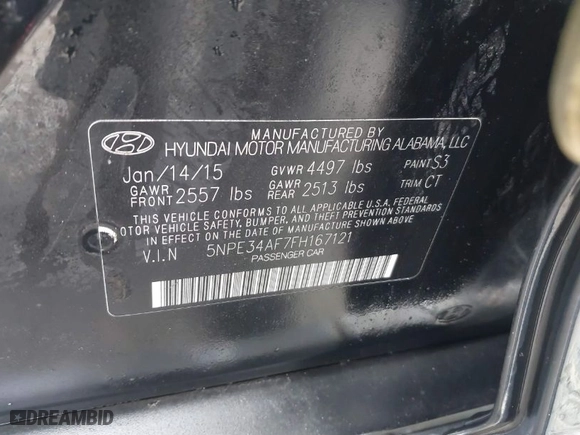 2015 Hyundai Sonata 2.4L Sport with VIN 5NPE34AF7FH167121, listed as a IAAI auction lot 42005240 with 110,612 mi miles. Bid and sale history available at carsss.com. Image 9.