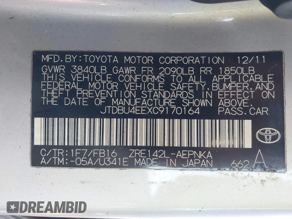 2012 Toyota Corolla L with VIN JTDBU4EEXC9170164, listed as a IAAI auction lot 41789075 with 206,239 mi miles and . Bid and sale history available at DreamBid. Image 9.