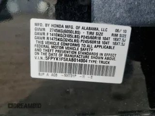 2010 Honda Ridgeline RTL with VIN 5FPYK1F5XAB014004, listed as a Copart auction lot 62848595 with 131,920 mi miles and Clean title. Bid and sale history available at DreamBid. Image 12.