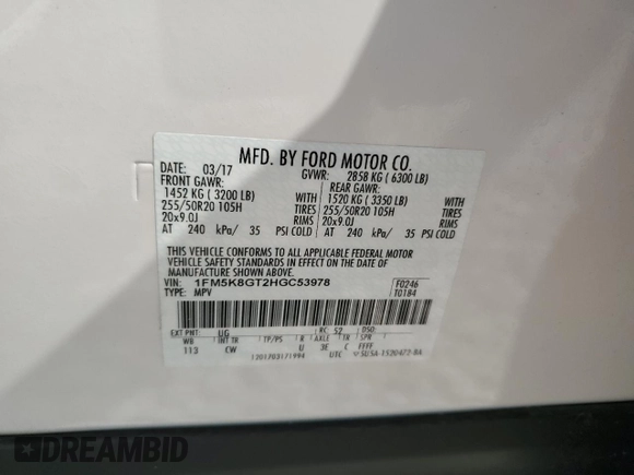 2017 Ford Explorer Sport z VIN 1FM5K8GT2HGC53978, wystawiony jako Copart lot #53263645 z przebiegiem 133 881 mil mil oraz Szkoda całkowita • Salvage title. Historia ofert i sprzedaży dostępna na DreamBid. Obrazek 15.