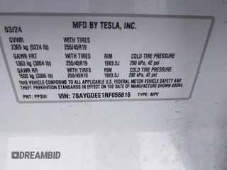 2024 Tesla Model Y Long Range with VIN 7SAYGDEE1RF056816, listed as a IAAI auction lot 41809125 with 6,434 mi miles and . Bid and sale history available at DreamBid. Image 9.
