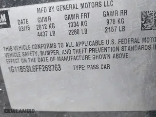 2015 Chevrolet Malibu LS with VIN 1G11B5SL6FF268763, listed as a IAAI auction lot 41683674 with 85,023 mi miles. Bid and sale history available at carsss.com. Image 9.