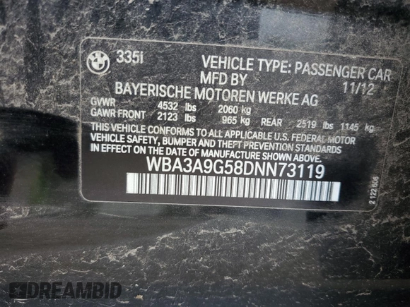 2013 BMW 3 Series 335i z VIN WBA3A9G58DNN73119, wystawiony jako Copart lot #61084455 z przebiegiem 184 900 mil mil oraz Szkoda całkowita • Salvage title. Historia ofert i sprzedaży dostępna na DreamBid. Obrazek 12.