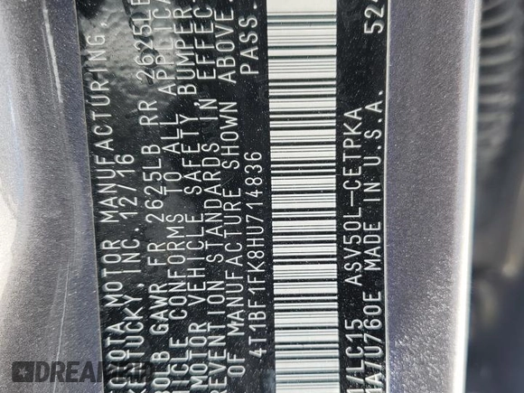 2017 Toyota Camry XLE with VIN 4T1BF1FK8HU714836, listed as a Copart auction lot 53085325 with 54,008 mi miles and Salvage Title. Bid and sale history available at carsss.com. Image 13.
