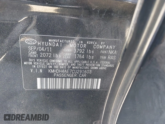 2012 Hyundai Elantra Limited with VIN KMHDH4AE7CU291603, listed as a IAAI auction lot 41893161 with 200,776 mi miles. Bid and sale history available at carsss.com. Image 9.