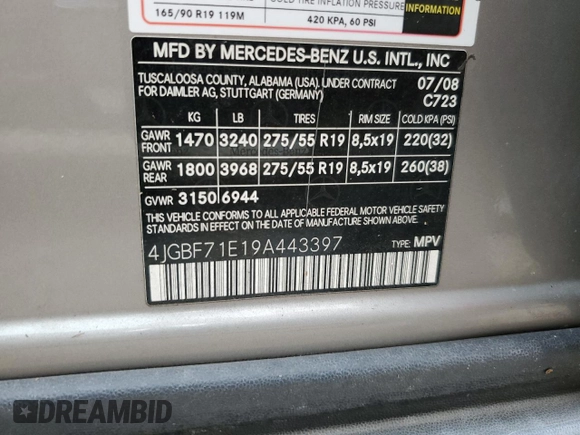 2009 Mercedes-Benz GL-Class 4.6L with VIN 4JGBF71E19A443397, listed as a Copart auction lot 76158094 with 0 mi miles and Salvage Title. Bid and sale history available at carsss.com. Image 14.