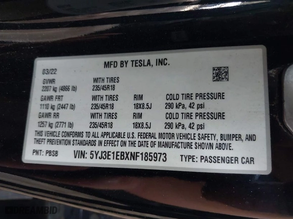 2022 Tesla Model 3 Long Range with VIN 5YJ3E1EBXNF185973, listed as a IAAI auction lot 41692577 with 131,513 mi miles. Bid and sale history available at carsss.com. Image 9.
