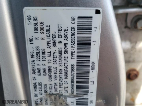 2006 Honda Accord Sdn LX SE with VIN 1HGCM56386A070866, listed as a Copart auction lot 51206355 with 215,497 mi miles and Clean Title. Bid and sale history available at carsss.com. Image 12.