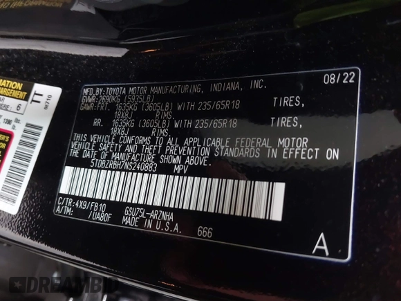 2022 Toyota Highlander LE with VIN 5TDBZRBH7NS240883, listed as a IAAI auction lot 40713152 with 24,374 mi miles and . Bid and sale history available at DreamBid. Image 9.