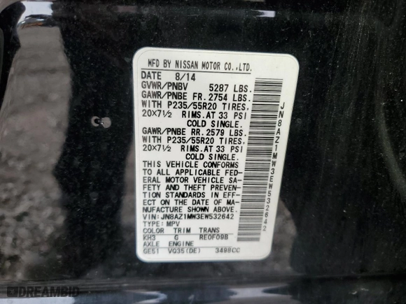 2014 Nissan Murano SL with VIN JN8AZ1MW3EW532642, listed as a Copart auction lot 51104805 with 94,349 mi miles and Salvage Title. Bid and sale history available at carsss.com. Image 13.